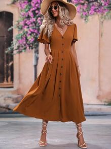 Breezaya Butterfly Sleeve Button Front Fold Pleated Detail Dress - Brown - View 1