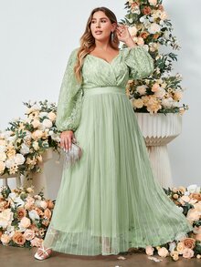 Simplee Plus Contrast Lace Lantern Sleeve Mesh Formal Dress - Mint Green - View 3