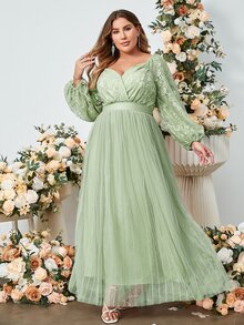 Simplee Plus Contrast Lace Lantern Sleeve Mesh Formal Dress - Mint Green - View 4