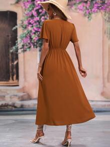 Breezaya Butterfly Sleeve Button Front Fold Pleated Detail Dress - Brown - View 2