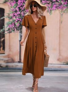 Breezaya Butterfly Sleeve Button Front Fold Pleated Detail Dress - Brown - View 3