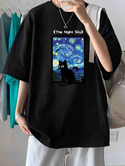 رجالي تيشيرت كبير الحجم برسم كرتوني ورسالة بانخفاض الكتف