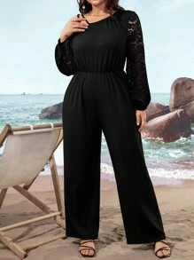 SHEIN LUNE Plus Contrast Lace Lantern Sleeve Jumpsuit - Black - View 1