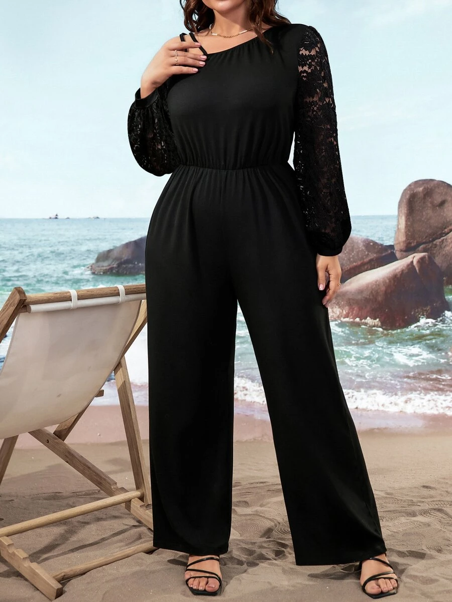 SHEIN LUNE Plus Contrast Lace Lantern Sleeve Jumpsuit - Black - View 1