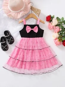 Young Girls Bow Front Layer Hem Cami Party Dress - Multicolor - View 1