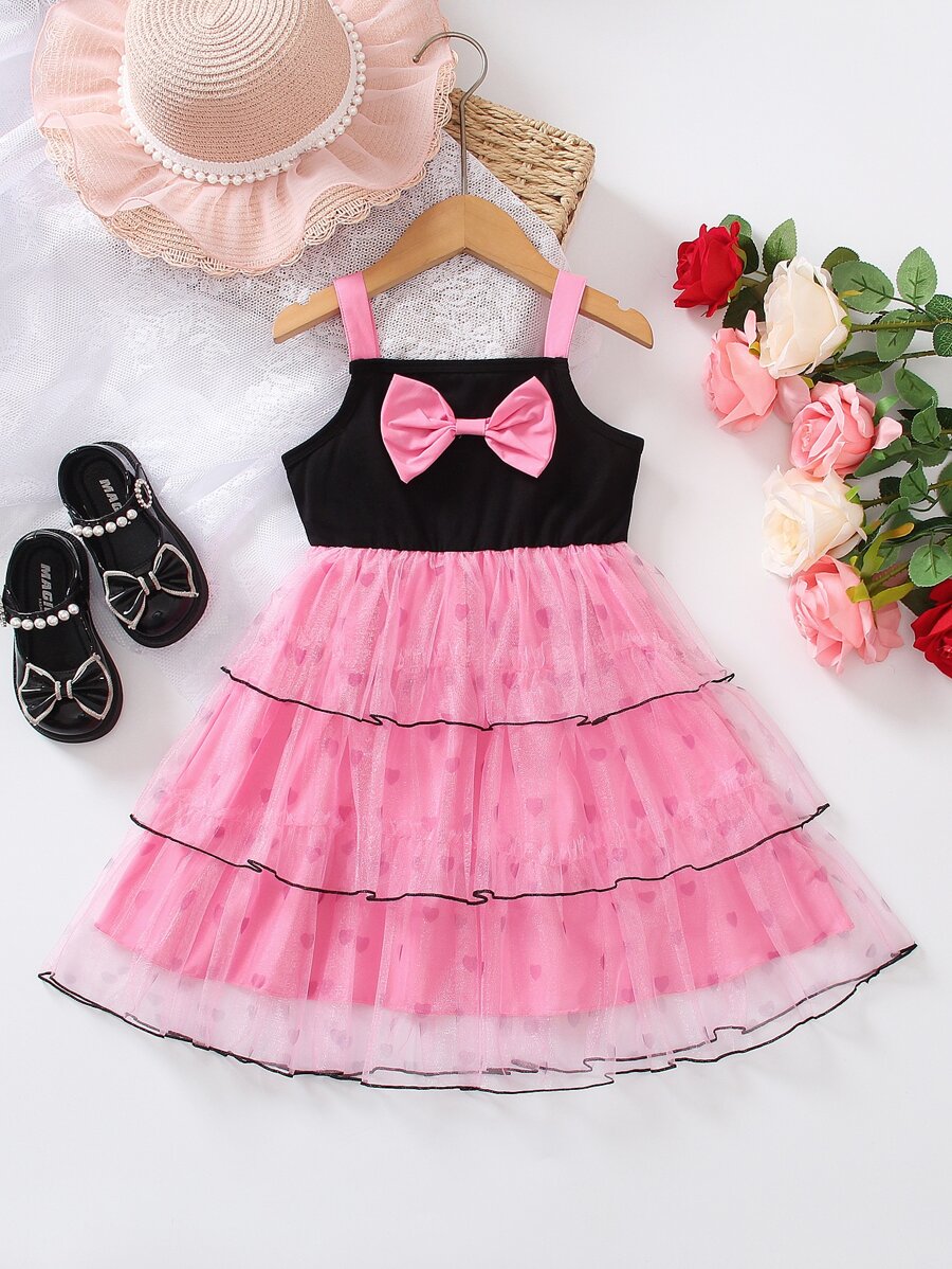 Young Girls Bow Front Layer Hem Cami Party Dress - Multicolor - View 1