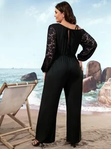 SHEIN LUNE Plus Contrast Lace Lantern Sleeve Jumpsuit - Black - View 2