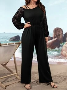 SHEIN LUNE Plus Contrast Lace Lantern Sleeve Jumpsuit - Black - View 3