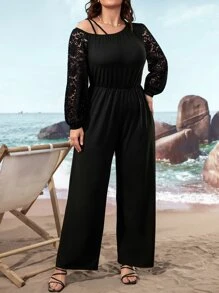 SHEIN LUNE Plus Contrast Lace Lantern Sleeve Jumpsuit - Black - View 4
