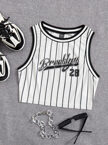 SHEIN EZwear 條紋和字母圖案短款背心 - 白色 - 查看 1