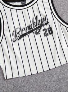 SHEIN EZwear 條紋和字母圖案短款背心 - 白色 - 查看 4