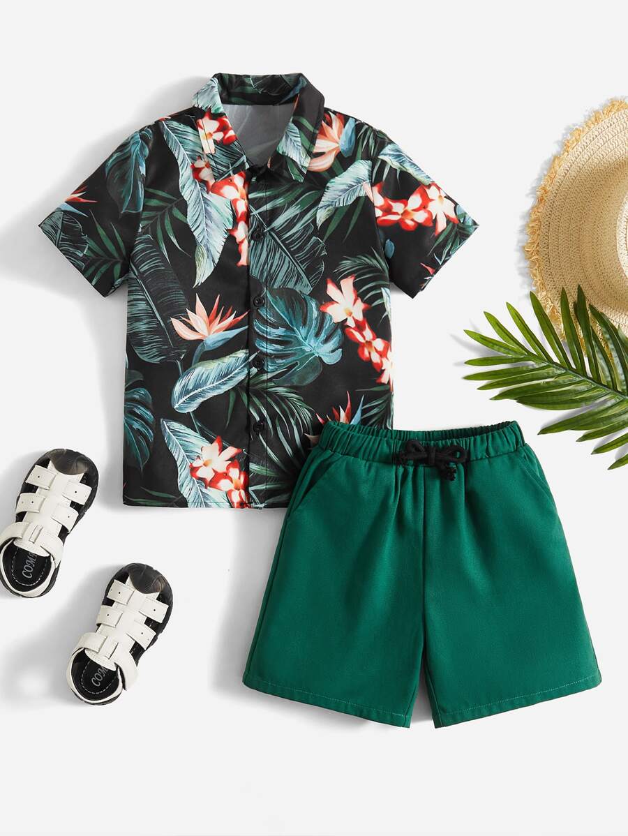 SHEIN 小男童熱帶圖案襯衫和短褲