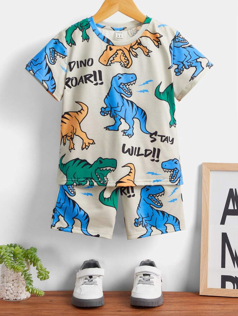 SHEIN Leap Crew Chàng trai trẻ Lá thư & In Khủng long Áo thun & quần đùi - Màu be - Xem 1
