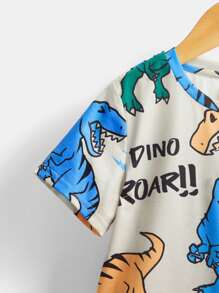 SHEIN Leap Crew Chàng trai trẻ Lá thư & In Khủng long Áo thun & quần đùi - Màu be - Xem 3