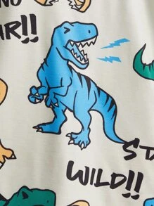 SHEIN Leap Crew Chàng trai trẻ Lá thư & In Khủng long Áo thun & quần đùi - Màu be - Xem 4