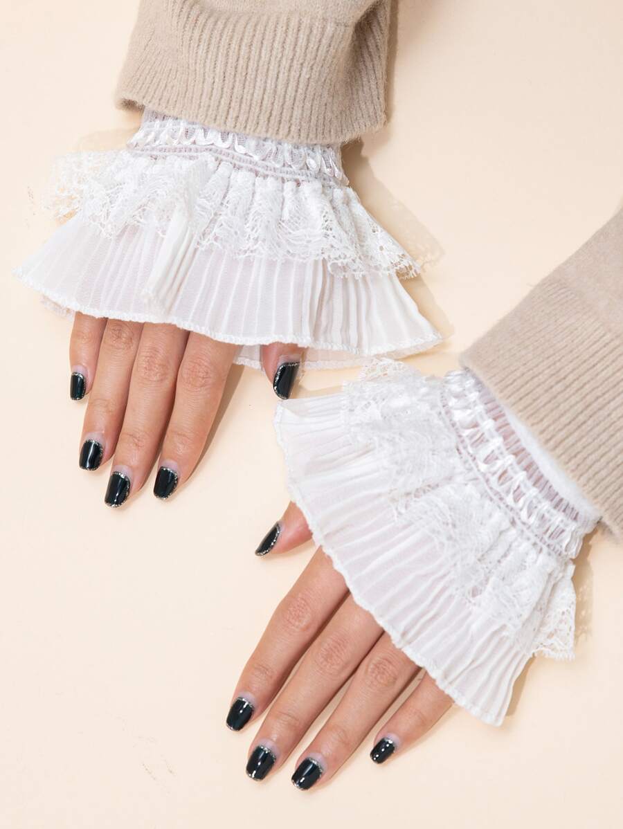 高檔雙層褶皺蕾絲襯衫袖口,1對