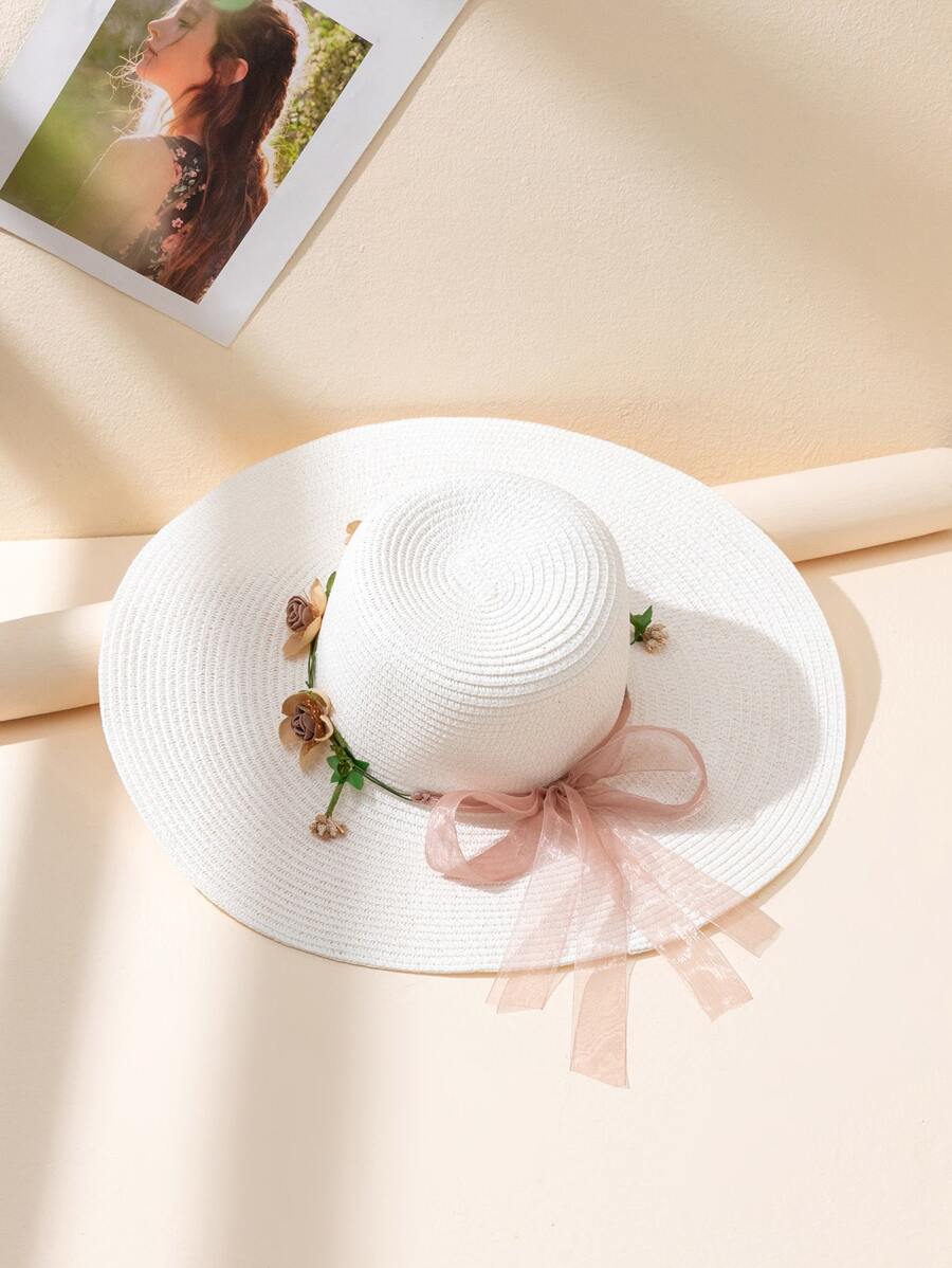 Boho 1pc Unisex Outdoor Casual Sun Hat With Floral Wreath & Wide Brim, Perfect For Spring/Summer, Beach/Travel/ Vacation, Uv Protection, Suitable For Couples - White - View 1