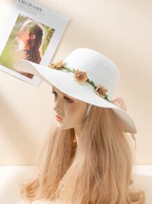 Boho 1pc Unisex Outdoor Casual Sun Hat With Floral Wreath & Wide Brim, Perfect For Spring/Summer, Beach/Travel/ Vacation, Uv Protection, Suitable For Couples - White - View 2