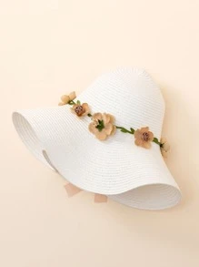 Boho 1pc Unisex Outdoor Casual Sun Hat With Floral Wreath & Wide Brim, Perfect For Spring/Summer, Beach/Travel/ Vacation, Uv Protection, Suitable For Couples - White - View 4