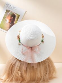 Boho 1pc Unisex Outdoor Casual Sun Hat With Floral Wreath & Wide Brim, Perfect For Spring/Summer, Beach/Travel/ Vacation, Uv Protection, Suitable For Couples - White - View 6