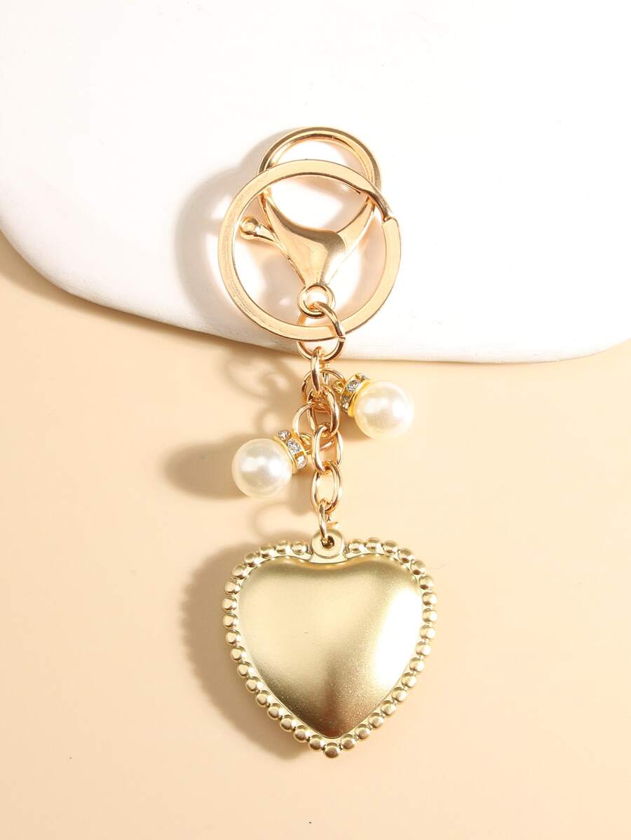 珍珠和愛心掛飾鑰匙圈 - 白色 - 查看 1