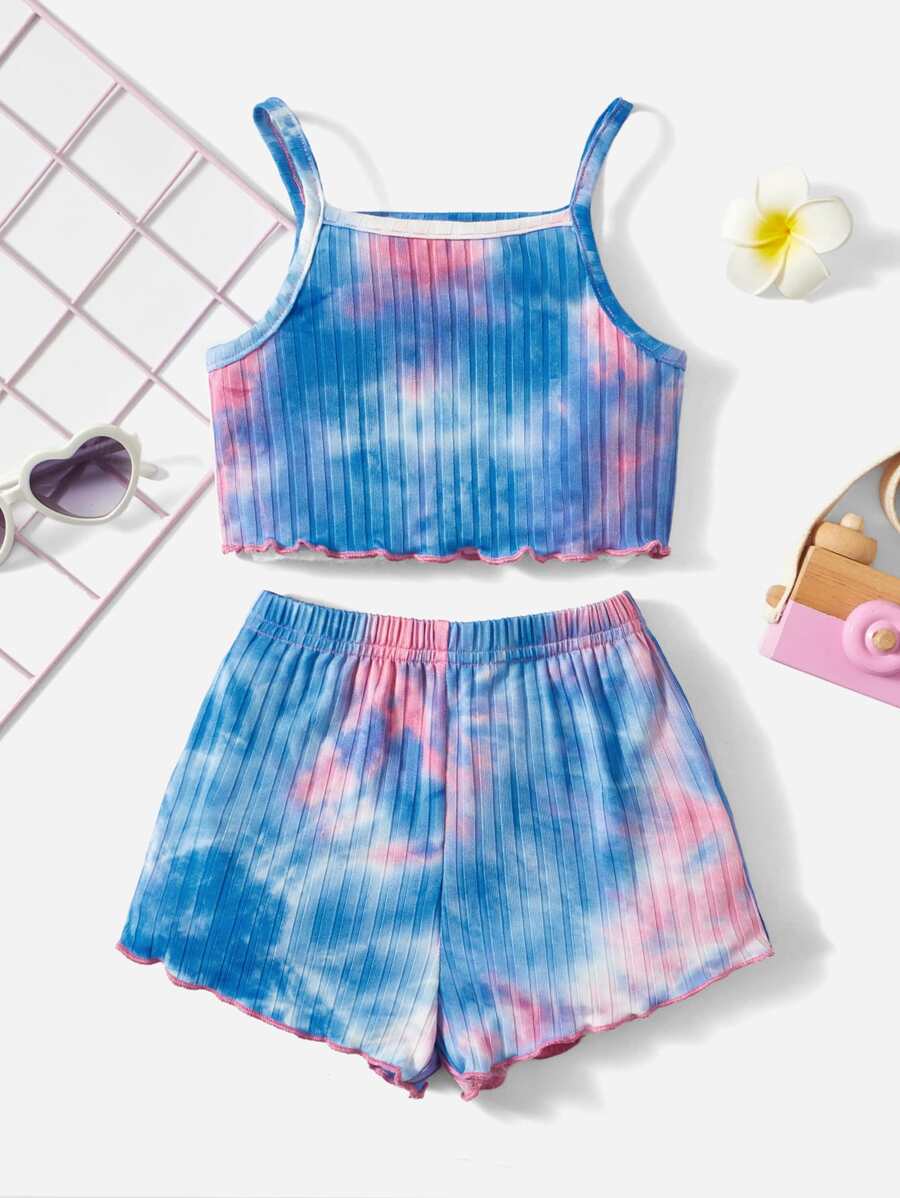 SHEIN Baby Girl Tie Dye Lettuce Trim Cami Top & Shorts - Blue - View 1