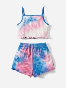 SHEIN Baby Girl Tie Dye Lettuce Trim Cami Top & Shorts - Blue - View 2