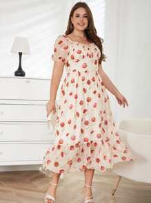 大碼滿版印花荷葉邊連衣裙 - 杏色 - 查看 1