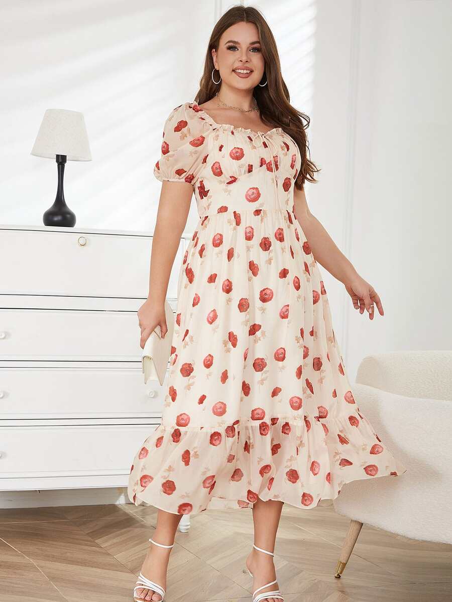 大碼滿版印花荷葉邊連衣裙 - 杏色 - 查看 1