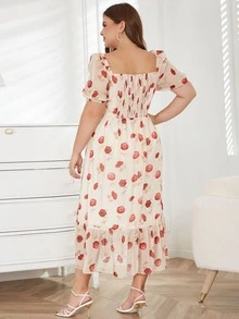 大碼滿版印花荷葉邊連衣裙 - 杏色 - 查看 2