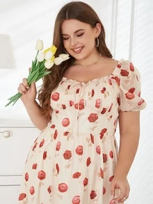 大碼滿版印花荷葉邊連衣裙 - 杏色 - 查看 3