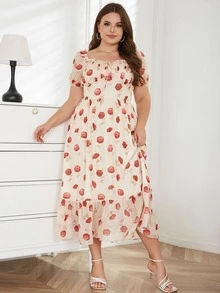 大碼滿版印花荷葉邊連衣裙 - 杏色 - 查看 4