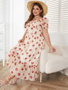 大碼滿版印花荷葉邊連衣裙 - 杏色 - 查看 5