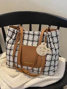 Fashionable,Minimalist,Casual,Plaid Pattern Square Bag With Bag Charm For Girl, Teen Girls - Brown - View 1
