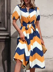 SHEIN Clasi 鋸齒形印花腰帶襯衫連衣裙 - 彩色 - 查看 6