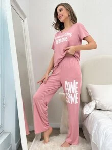 Slogan Graphic Tee & Trousers Lounge Set - Dusty Pink - View 3