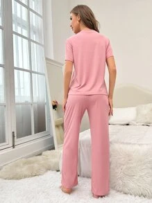 Slogan Graphic Tee & Trousers Lounge Set - Dusty Pink - View 2