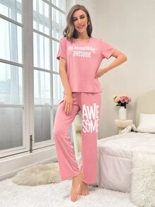 Slogan Graphic Tee & Trousers Lounge Set - Dusty Pink - View 6