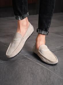 Men Stitched Detail Driving Shoes Round Toe Loafers Beige - Beige - View 2