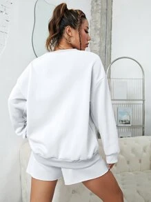 SHEIN EZwear Bộ đồ hai mảnh nữ Lá thư Giải trí - trắng - Xem 2