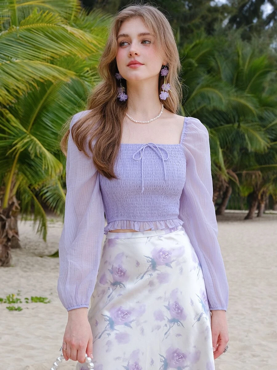 Square Neck Lantern Sleeve Shirred Knot Front Crop Blouse - Lilac Purple - View 1