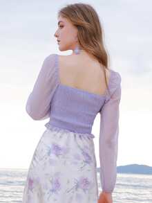Square Neck Lantern Sleeve Shirred Knot Front Crop Blouse - Lilac Purple - View 2