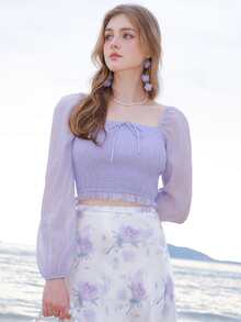 Square Neck Lantern Sleeve Shirred Knot Front Crop Blouse - Lilac Purple - View 3