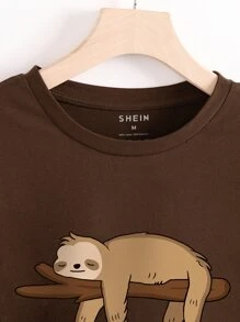 INAWLY 卡通图案 T 恤 图案 T 恤 女式上衣 - 咖啡棕 - 查看 3
