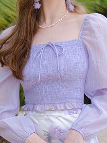 Square Neck Lantern Sleeve Shirred Knot Front Crop Blouse - Lilac Purple - View 4