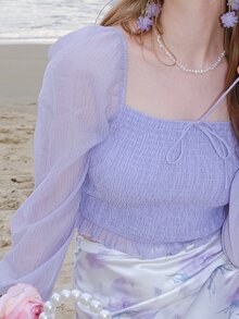 Square Neck Lantern Sleeve Shirred Knot Front Crop Blouse - Lilac Purple - View 5