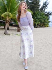 Square Neck Lantern Sleeve Shirred Knot Front Crop Blouse - Lilac Purple - View 6