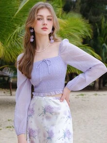 Square Neck Lantern Sleeve Shirred Knot Front Crop Blouse - Lilac Purple - View 7