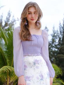 Square Neck Lantern Sleeve Shirred Knot Front Crop Blouse - Lilac Purple - View 8