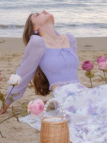 Square Neck Lantern Sleeve Shirred Knot Front Crop Blouse - Lilac Purple - View 9